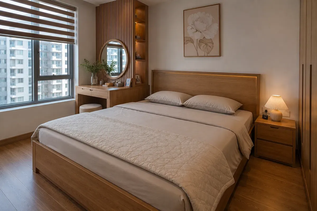 Giường ngủ gỗ sồi phù hợp với nhiều không gian từ căn hộ đến nhà phố.