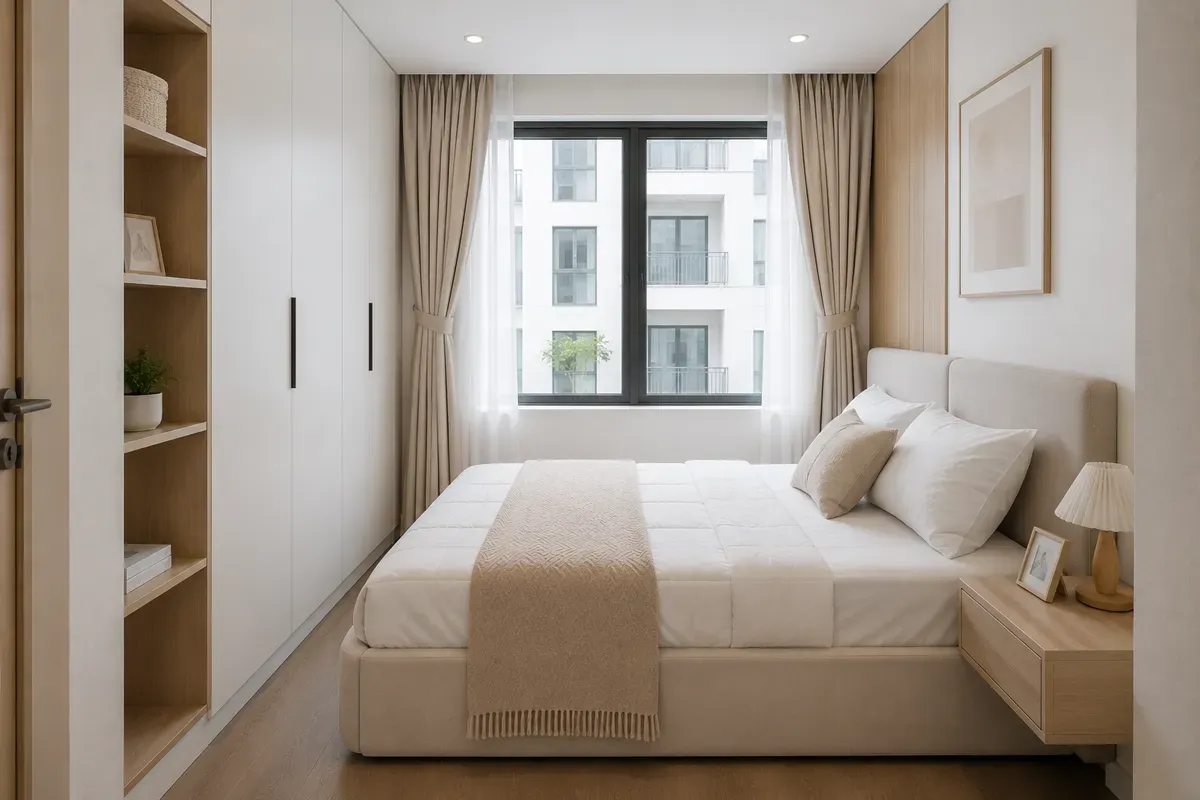Diện tích vừa và nhỏ là đặc điểm phổ biến của nhiều phòng ngủ chung cư.