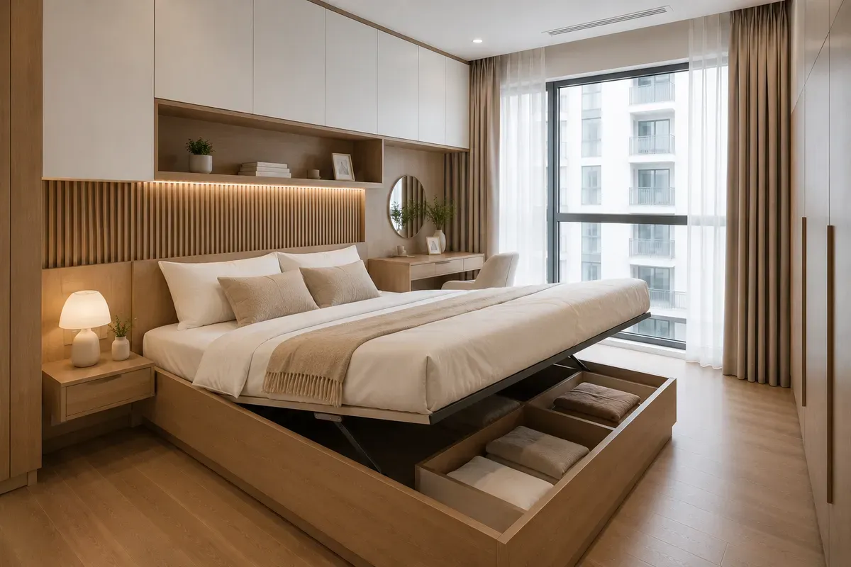 Hệ lưu trữ hợp lý giúp căn phòng luôn gọn gàng và thuận tiện khi sử dụng.