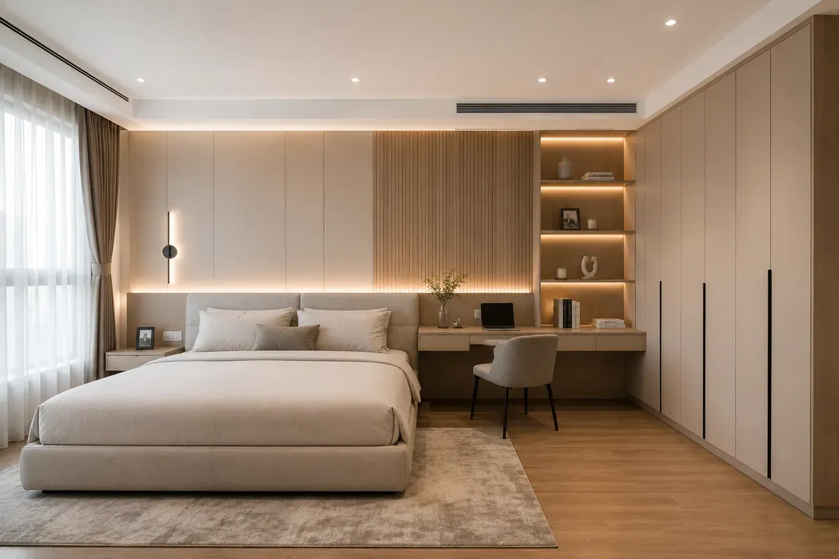 Phòng ngủ diện tích lớn dễ dàng kết hợp thêm các khu vực chức năng mà vẫn đảm bảo sự thông thoáng.