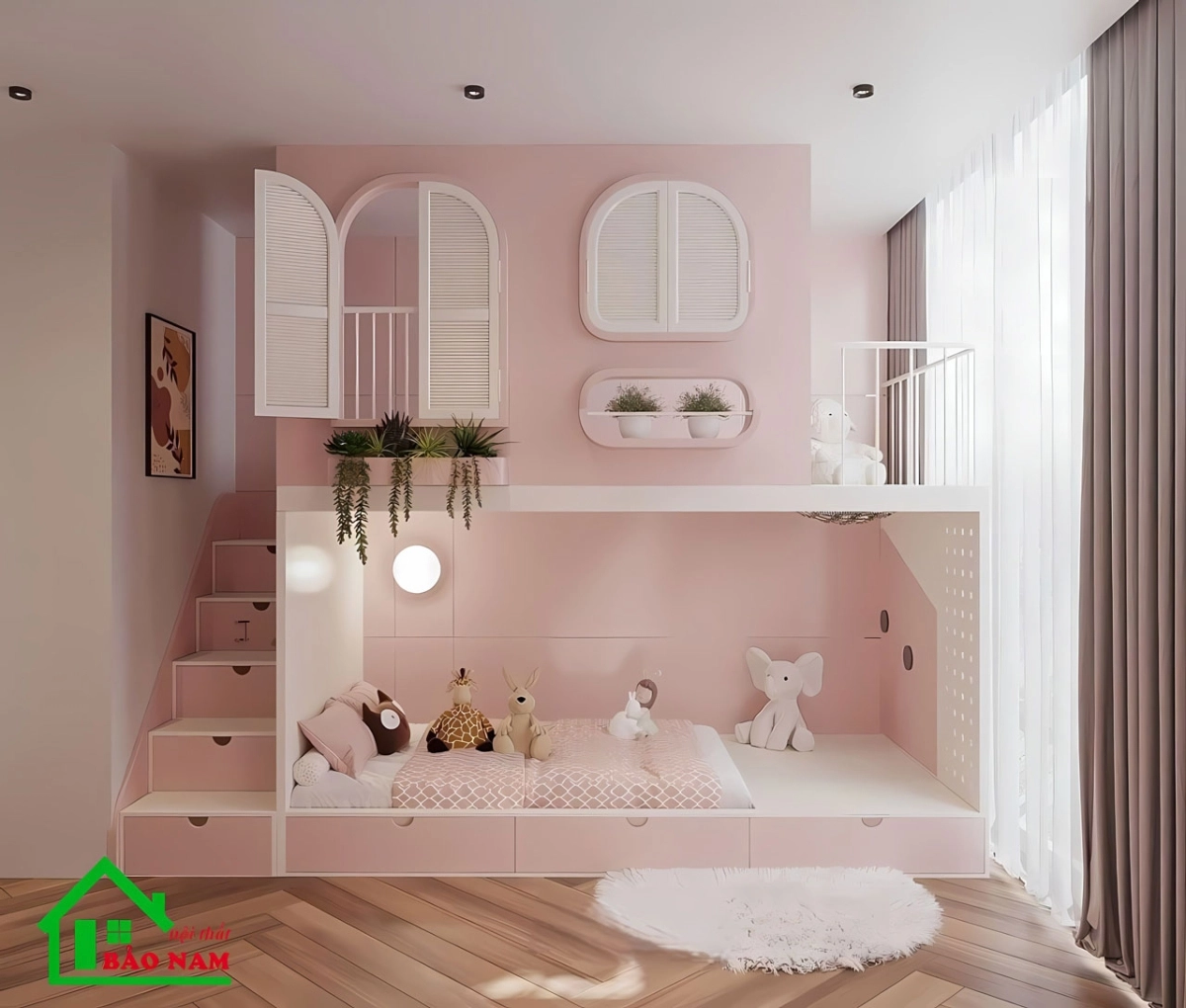 Tạo không gian ngủ riêng biệt cho hai bé gái với giường tầng đa năng