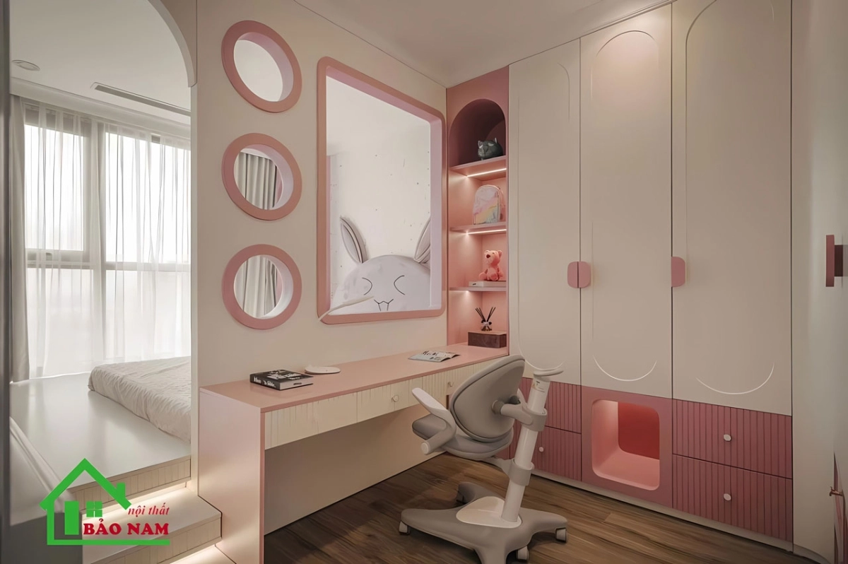 Sáng tạo trong mẫu phòng ngủ 12m2 màu hồng cho bé gái