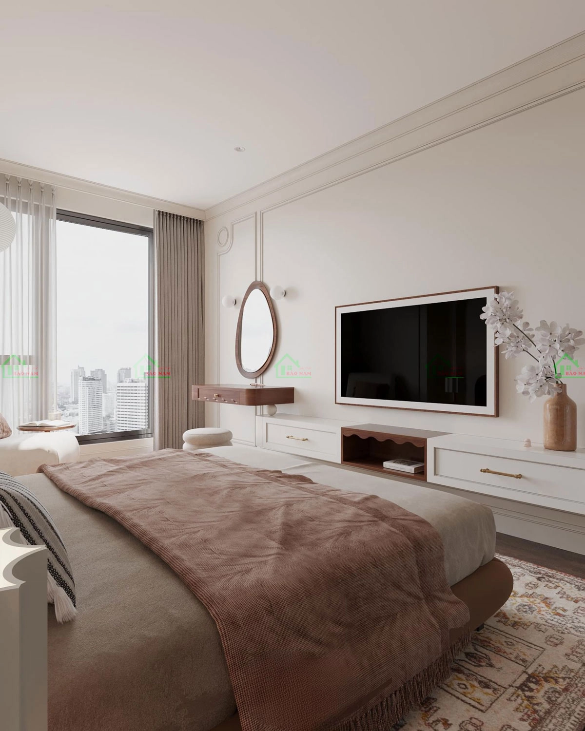 Tường phòng ngủ sử dụng đường phào chỉ tinh tế, nghệ thuật là nét đặc trưng của phong cách tân cổ điển