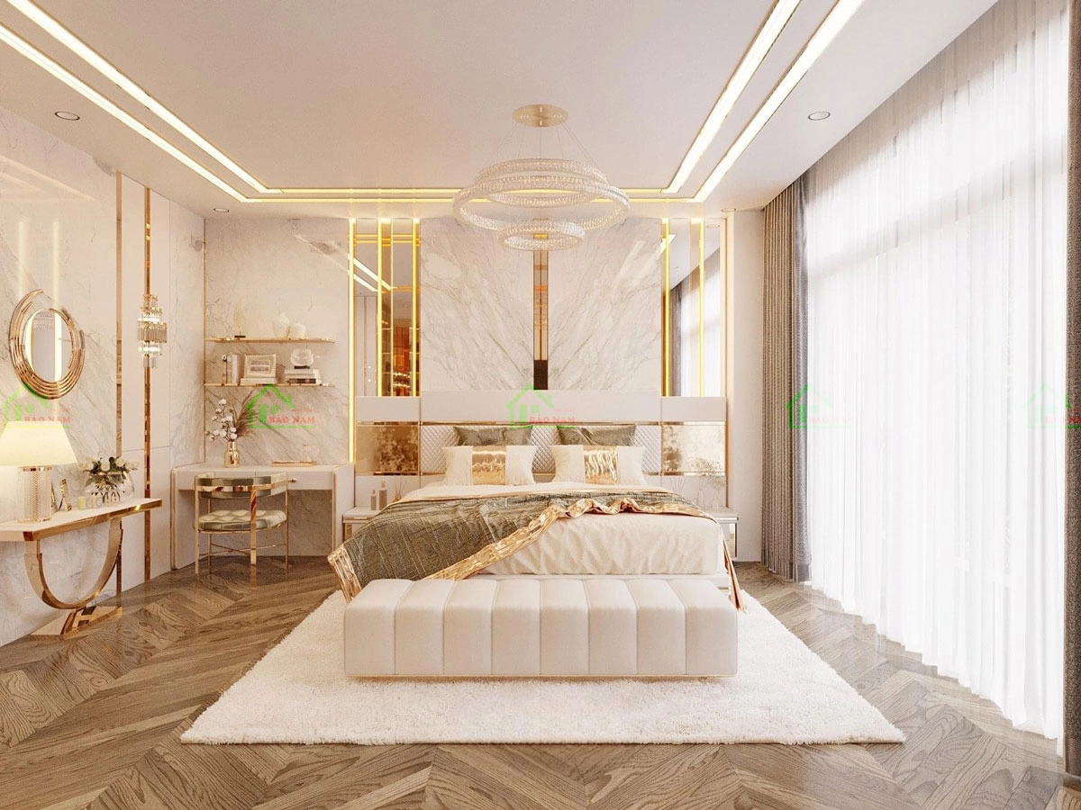 Không gian phòng ngủ được thiết kế theo phong cách luxury cao cấp, sang trọng và ấn tượng