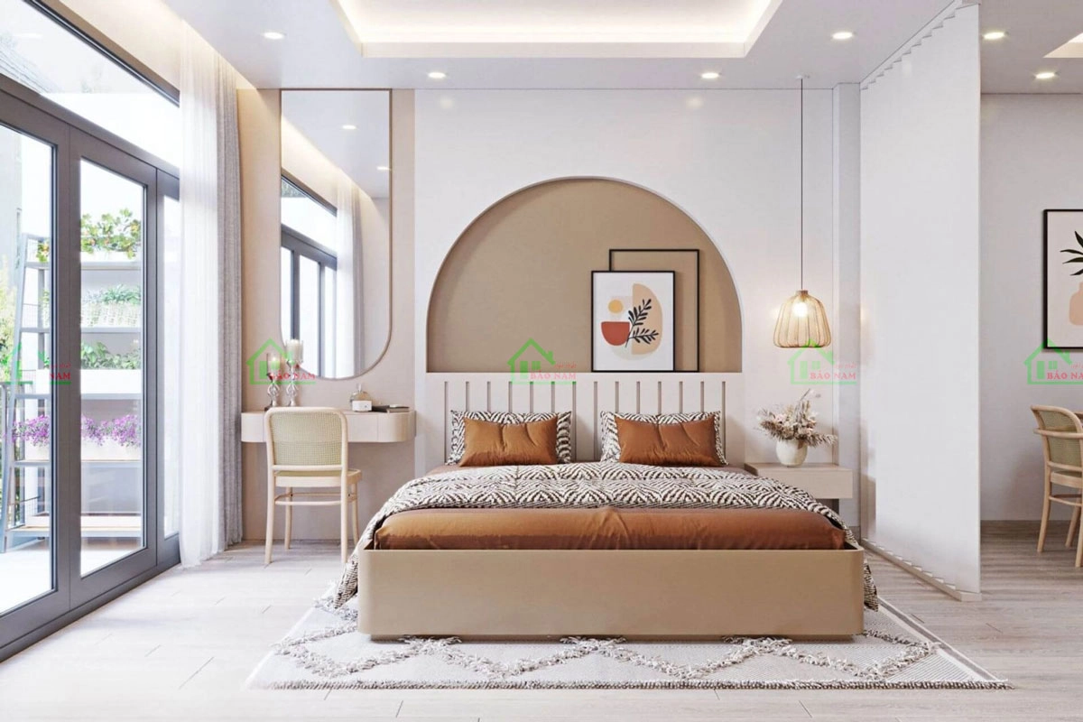 Bố trí giường ngủ đặt cạnh cửa sổ lớn để không khí được lưu thông