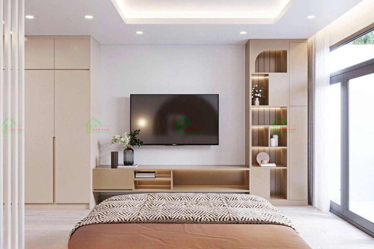 Không gian phòng ngủ lấy tông màu nâu nhạt chủ đạo