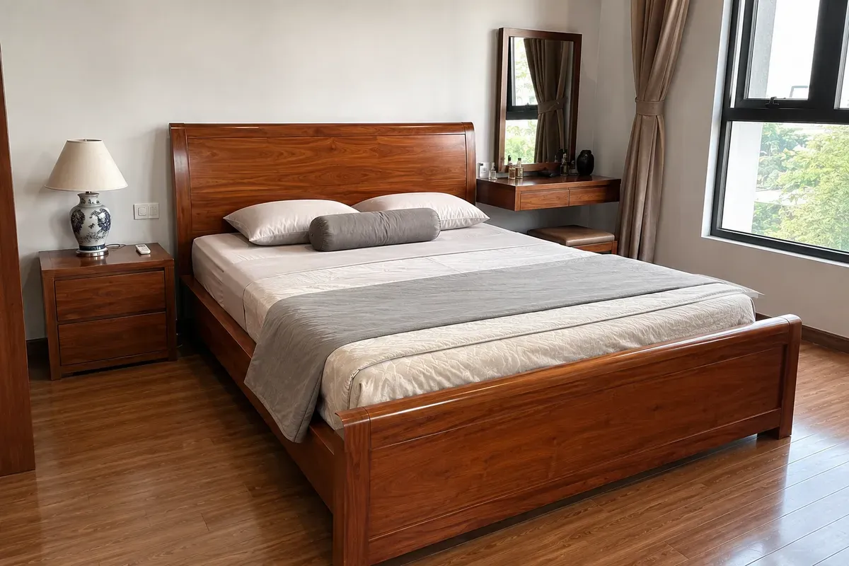 Không gian phòng ngủ hoàn thiện với giường gỗ căm xe chắc chắn, tiện dụng và bền đẹp.