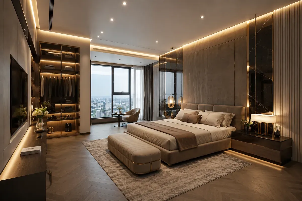 Phòng ngủ Luxury với vật liệu cao cấp và ánh sáng sang trọng.