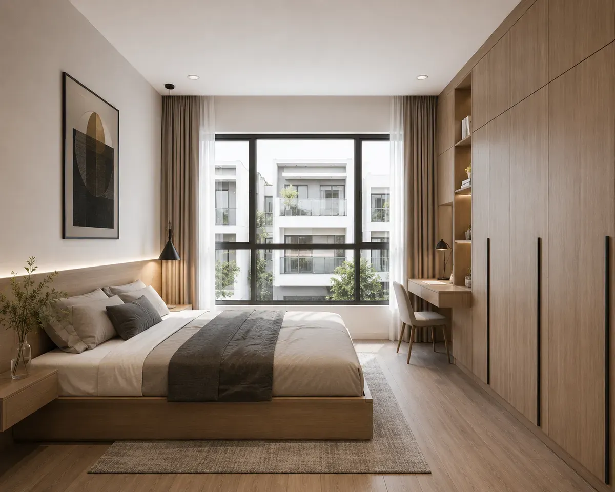 Thiết kế phòng ngủ nhà phố hiện đại với nhiều ánh sáng tự nhiên.