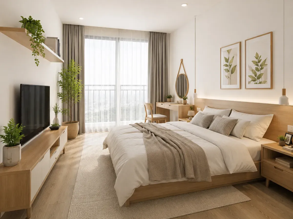 Không gian phòng ngủ Scandinavian sáng sủa và gần gũi.