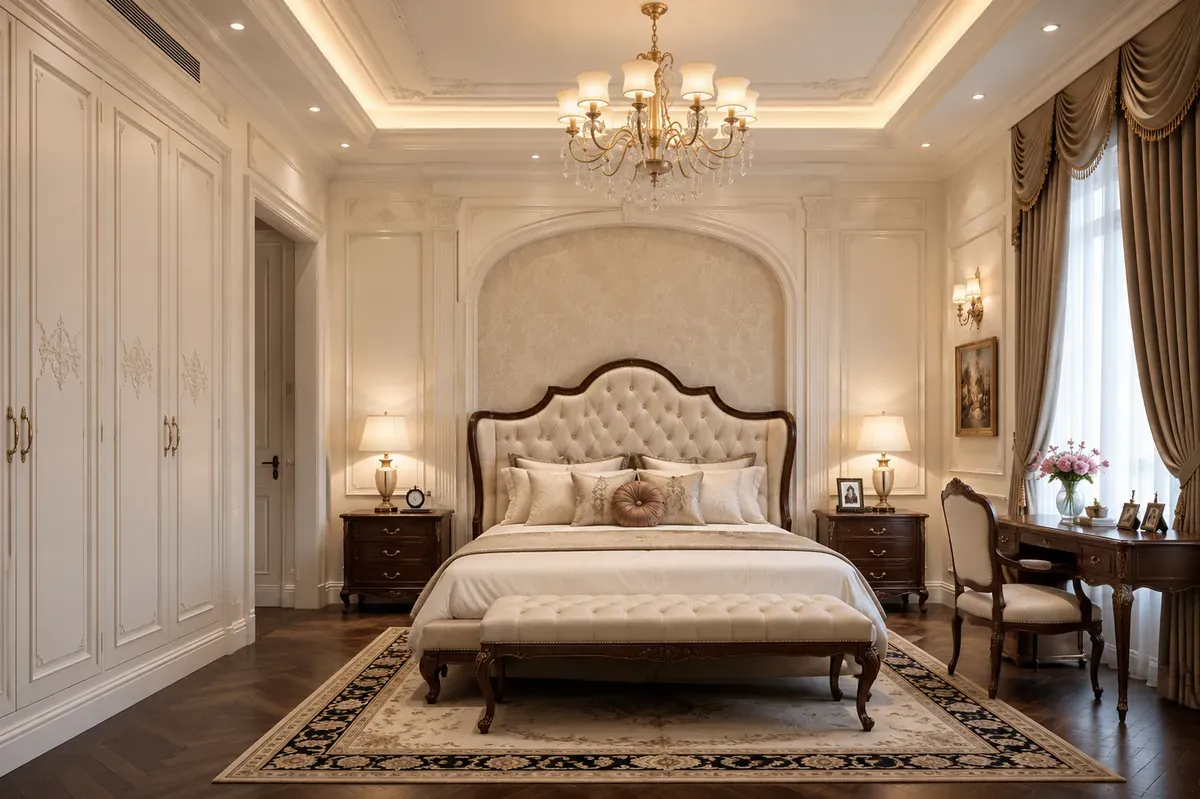 Phòng ngủ tân cổ điển nổi bật với các chi tiết phào chỉ tinh tế và vẻ đẹp sang trọng.