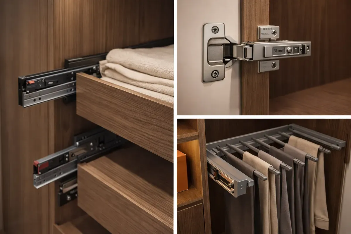 Phụ kiện tủ quần áo ray trượt bản lề giảm chấn