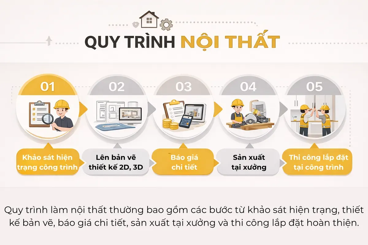 Hiểu rõ quy trình làm nội thất giúp bạn dễ dàng theo dõi tiến độ và đảm bảo chất lượng công trình.