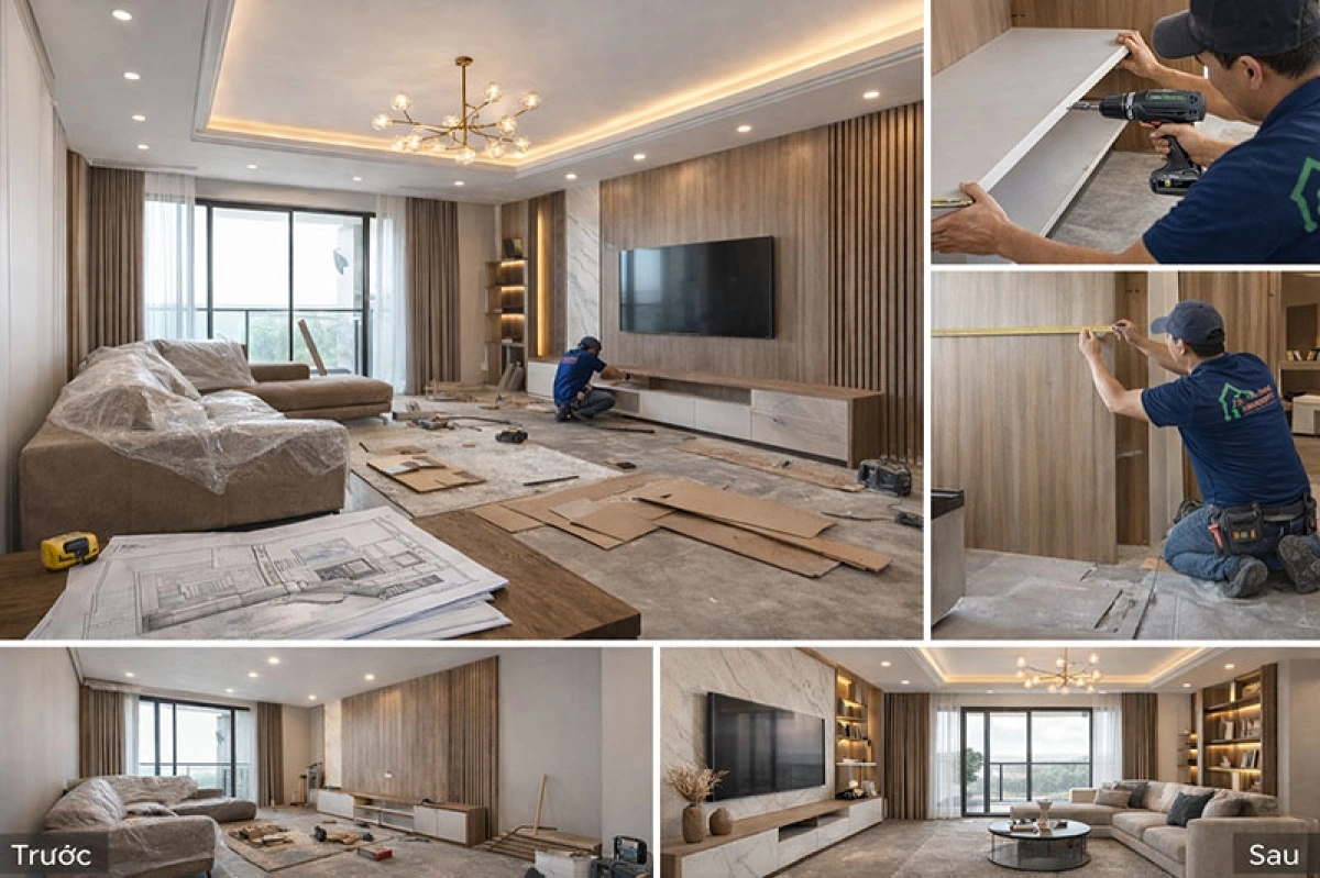 Quy trình thi công nội thất phòng khách từ thiết kế đến hoàn thiện
