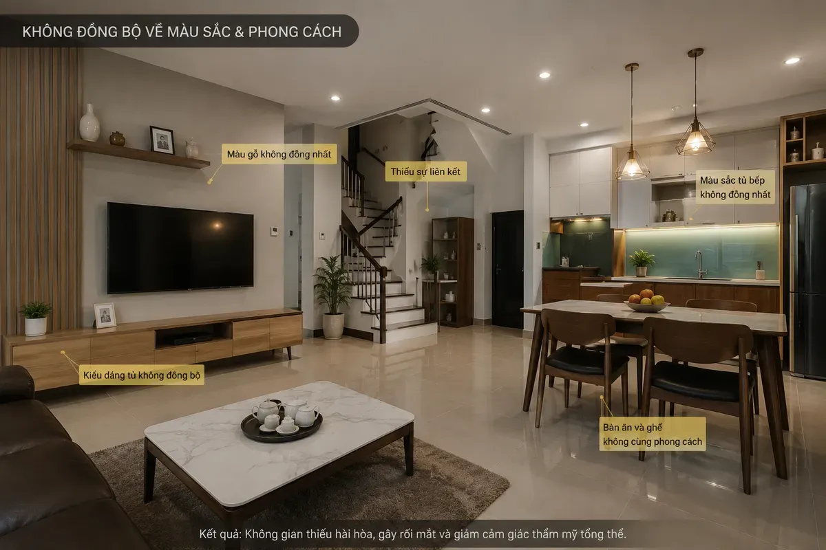 Thiết kế thiếu sự đồng bộ làm giảm giá trị thẩm mỹ của toàn bộ không gian.