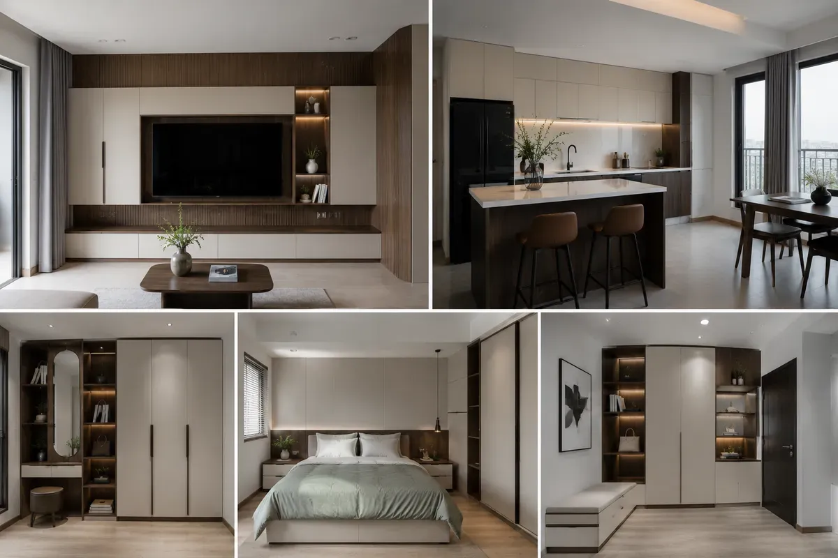 Nội thất được sản xuất theo kích thước thực tế giúp tối ưu công năng và không gian sử dụng.