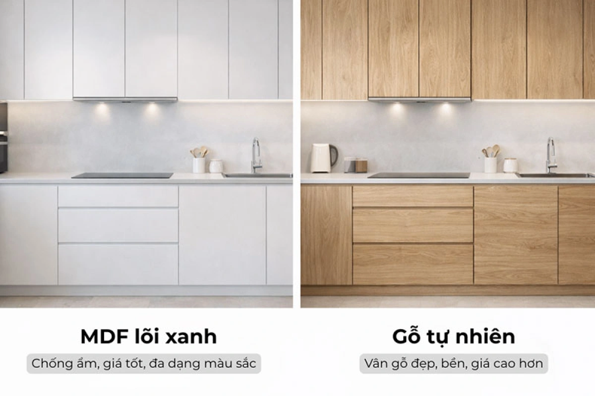 So sánh gỗ công nghiệp và gỗ tự nhiên làm tủ bếp chữ I