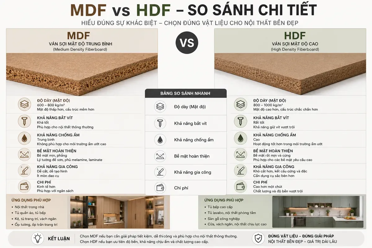 MDF và HDF có sự khác biệt về cấu tạo, mật độ và chi phí đầu tư.