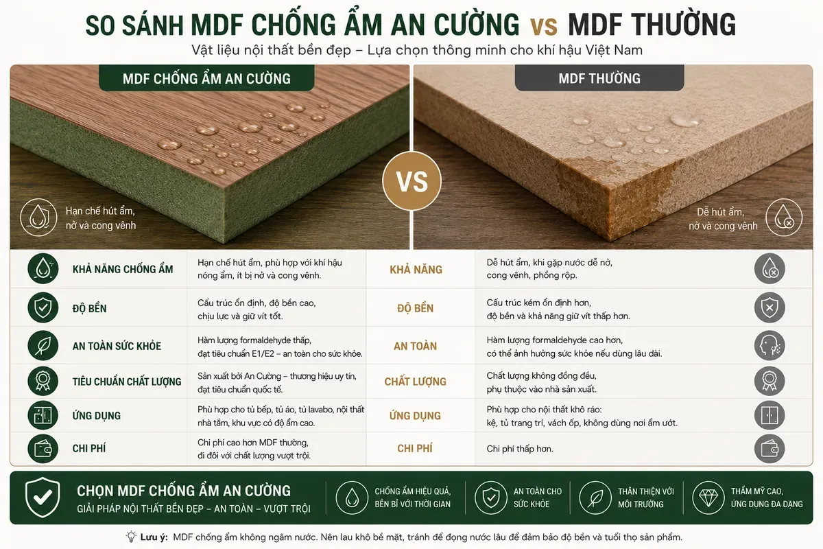 MDF An Cường có độ ổn định và khả năng chống ẩm tốt hơn MDF thông thường.