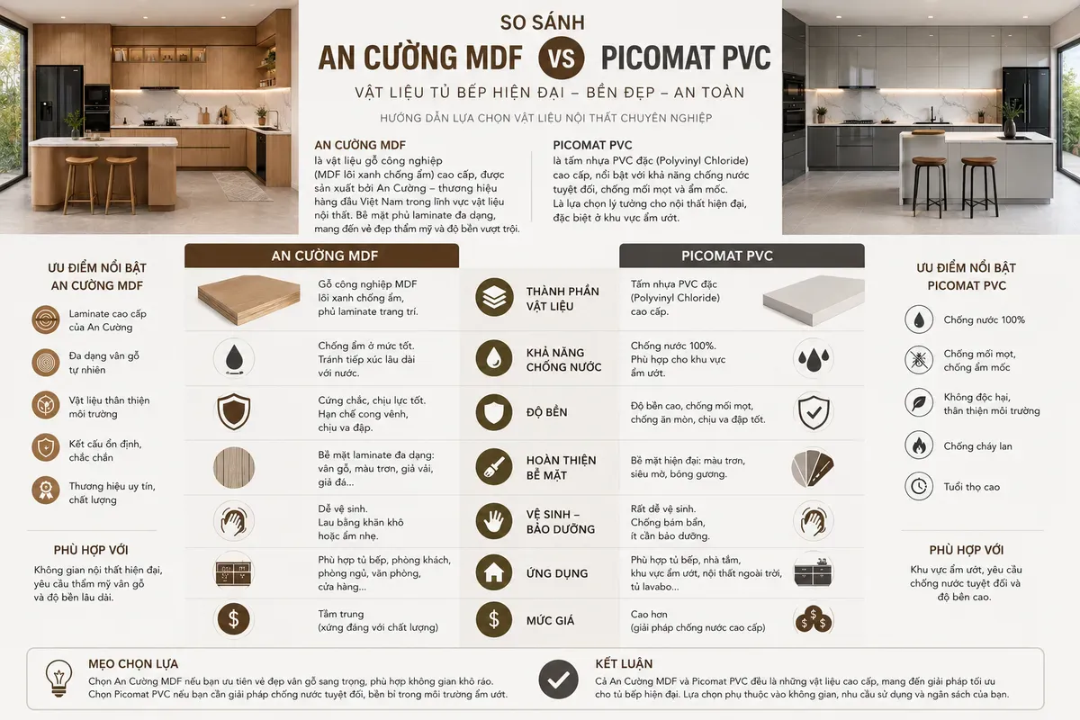 MDF An Cường và Picomat đều là những vật liệu phổ biến trong thi công tủ bếp.