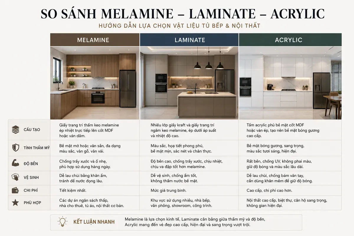 Melamine, Laminate và Acrylic đều có những ưu điểm riêng về thẩm mỹ và độ bền.