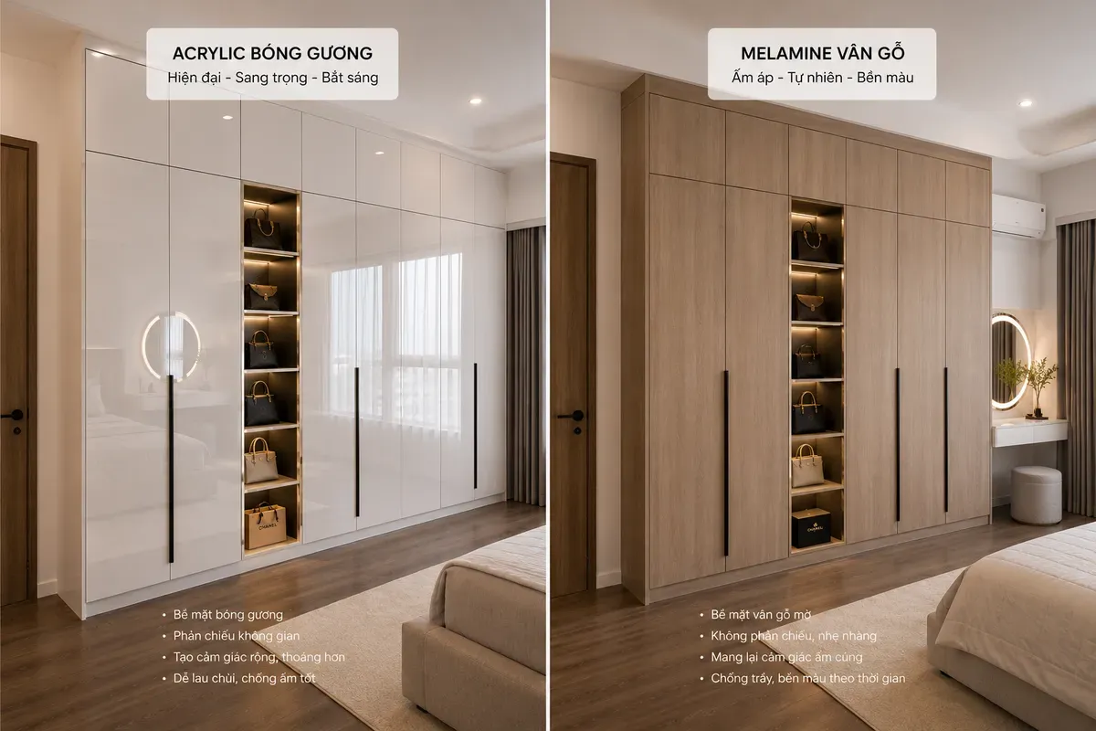 Acrylic nổi bật với độ bóng cao trong khi Melamine tối ưu chi phí hiệu quả hơn
