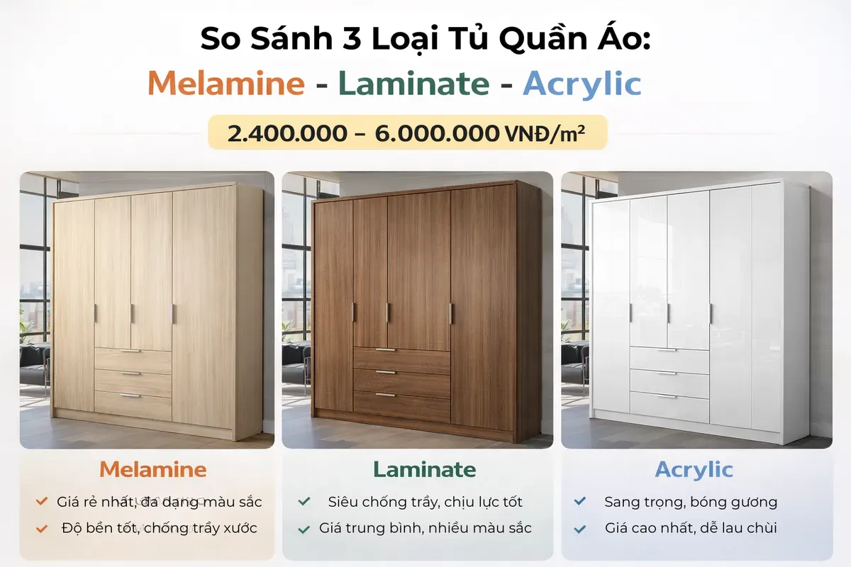 So sánh MDF melamine laminate acrylic tủ quần áo