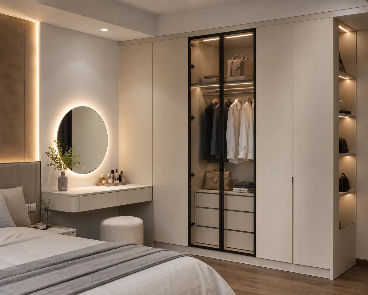 Bàn trang điểm thiết kế đồng bộ giúp tăng tính thẩm mỹ và công năng sử dụng