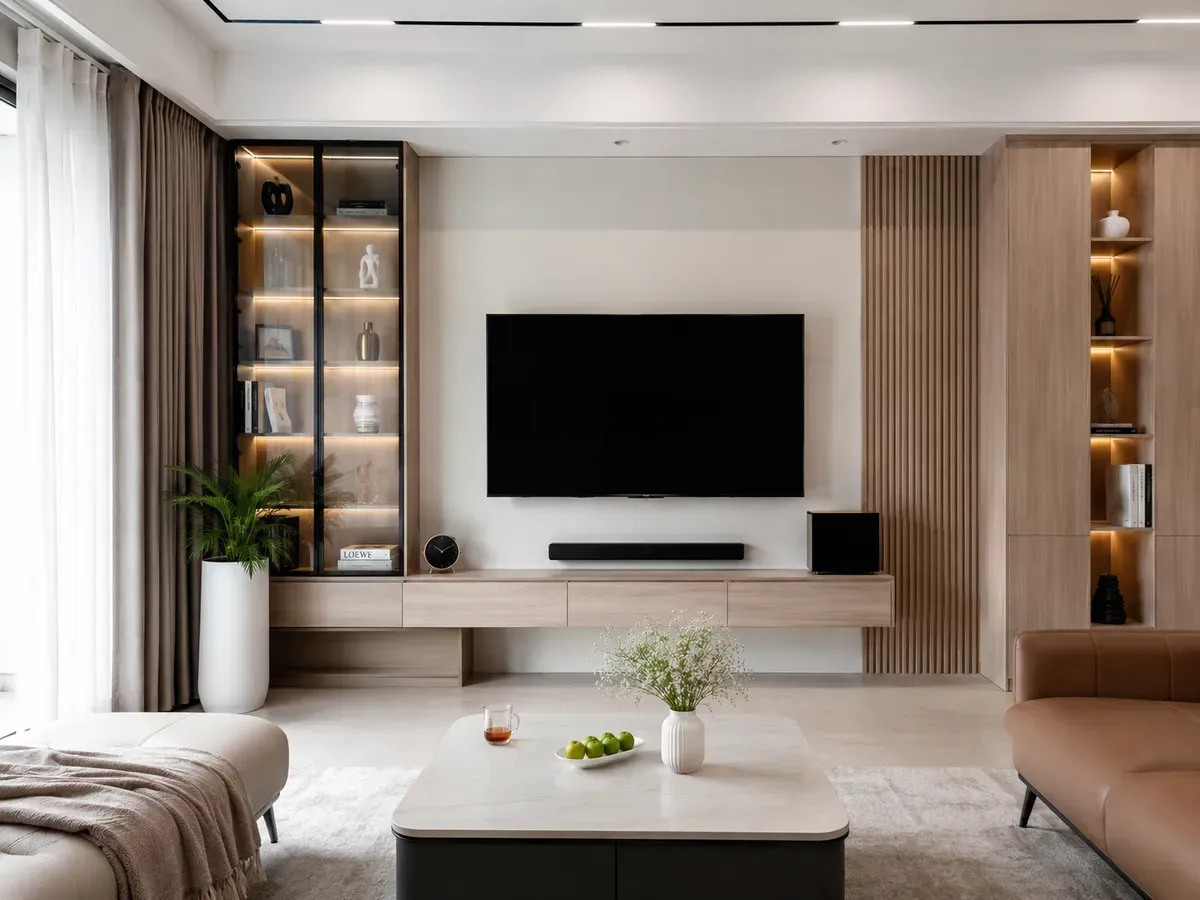 Kệ tivi được thiết kế và thi công theo kích thước thực tế, phù hợp với từng không gian nội thất.