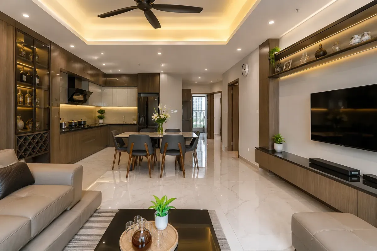 Thi công nội thất căn hộ 3PN theo yêu cầu với thiết kế đồng bộ và tối ưu công năng.