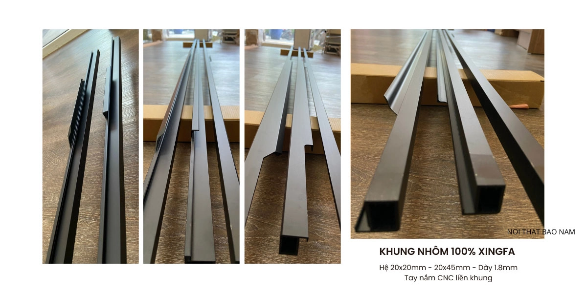 Tay nắm nhôm NC liền khung bền chắc, kết hợp bản lề giảm chấn hỗ trợ đóng mở dễ dàng