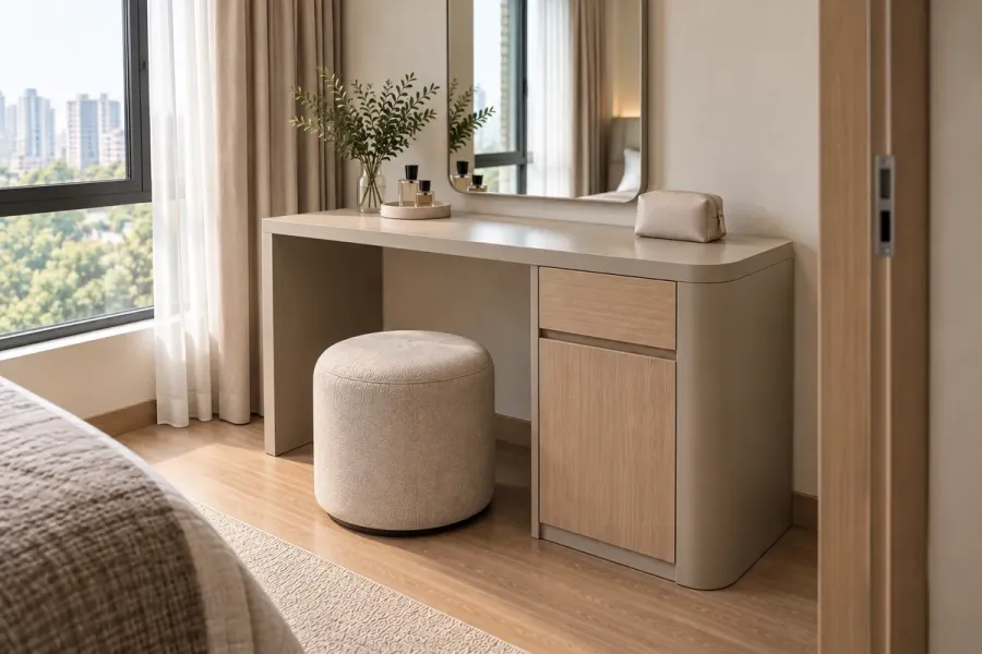 Phần tủ bên phải được chia riêng ngăn kéo và khoang chứa đồ, thuận tiện sắp xếp mỹ phẩm cùng các vật dụng cá nhân.
