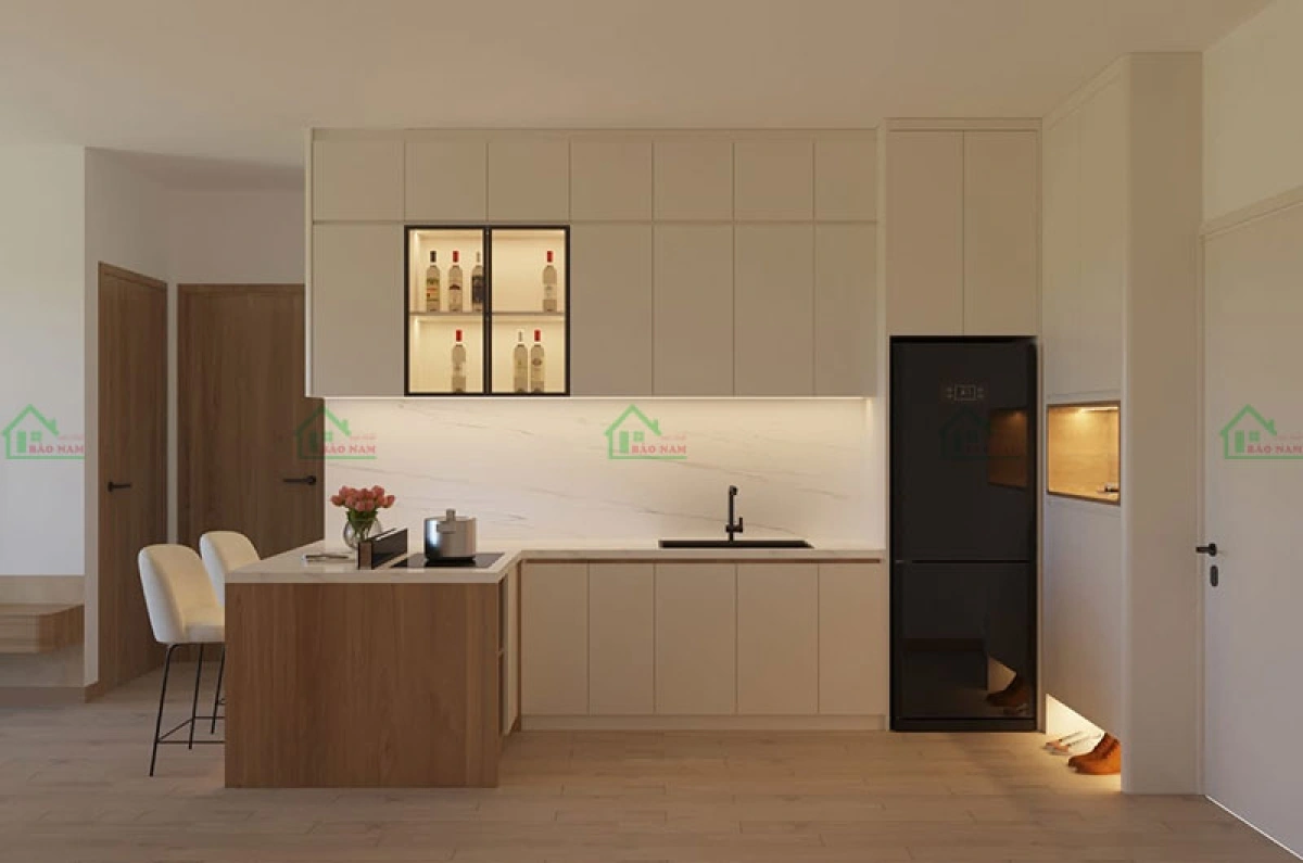 Thi công tủ bếp chung cư gỗ hiện đại, thiết kế tối ưu không gian