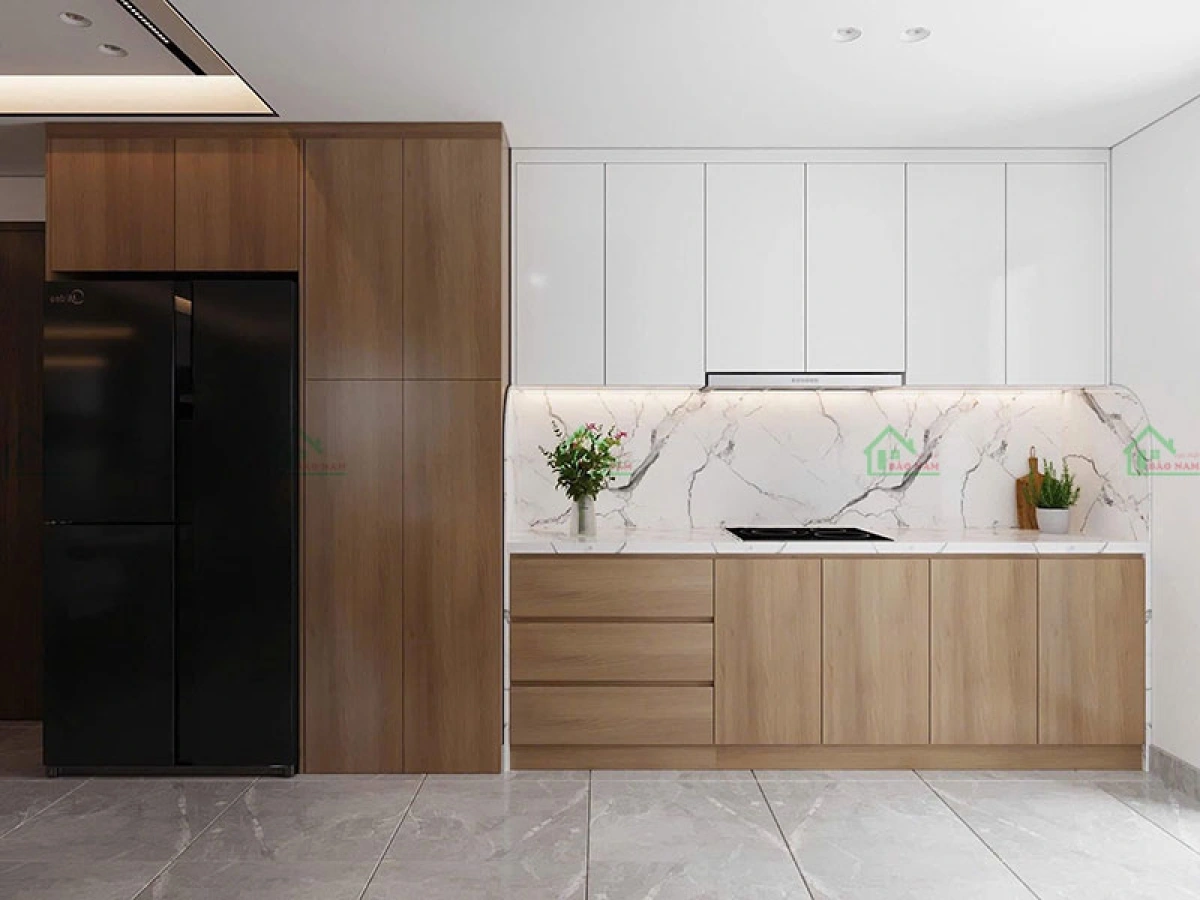 Tủ bếp chữ I bằng gỗ cho căn hộ chung cư nhỏ