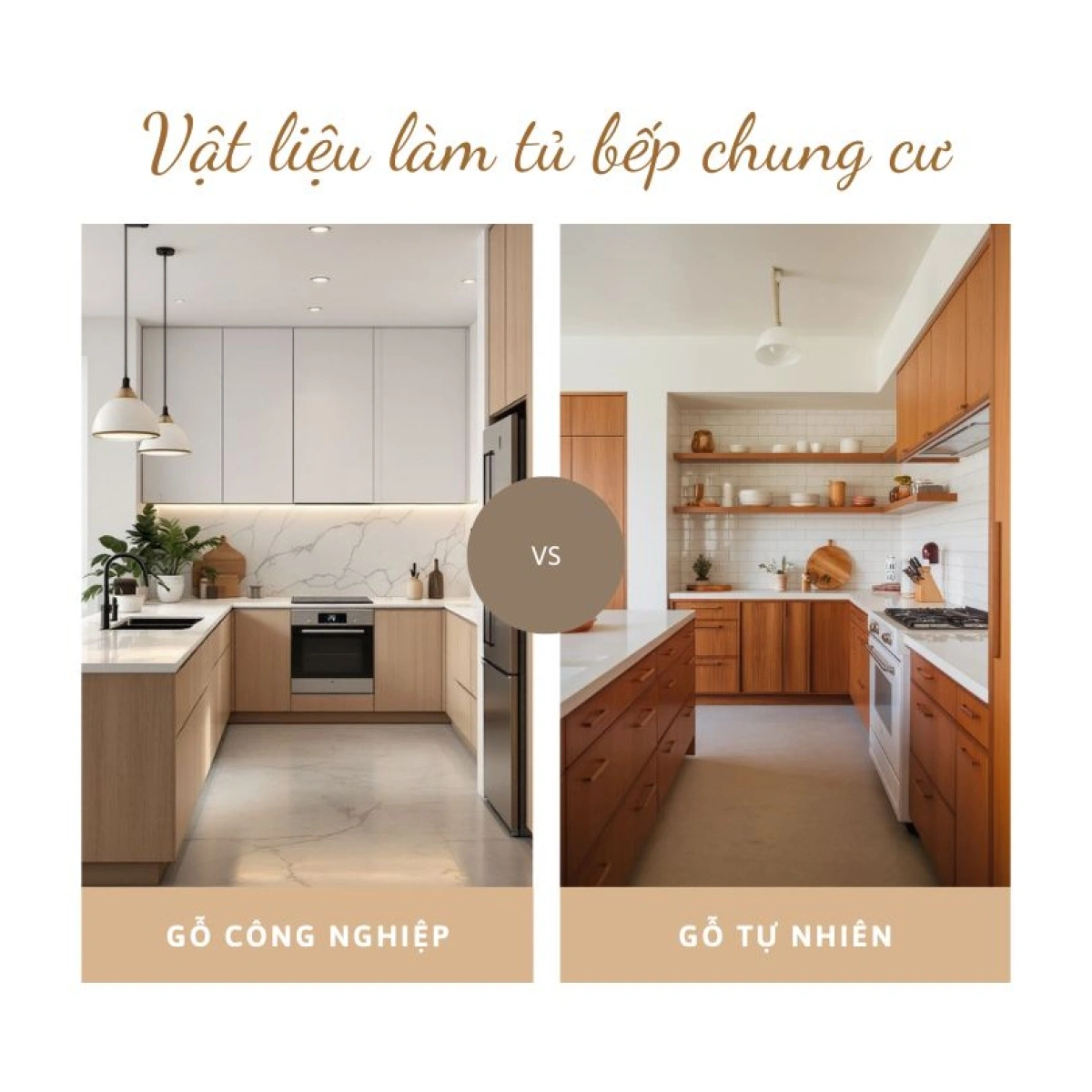 So sánh tủ bếp gỗ công nghiệp và tủ bếp gỗ tự nhiên cho chung cư