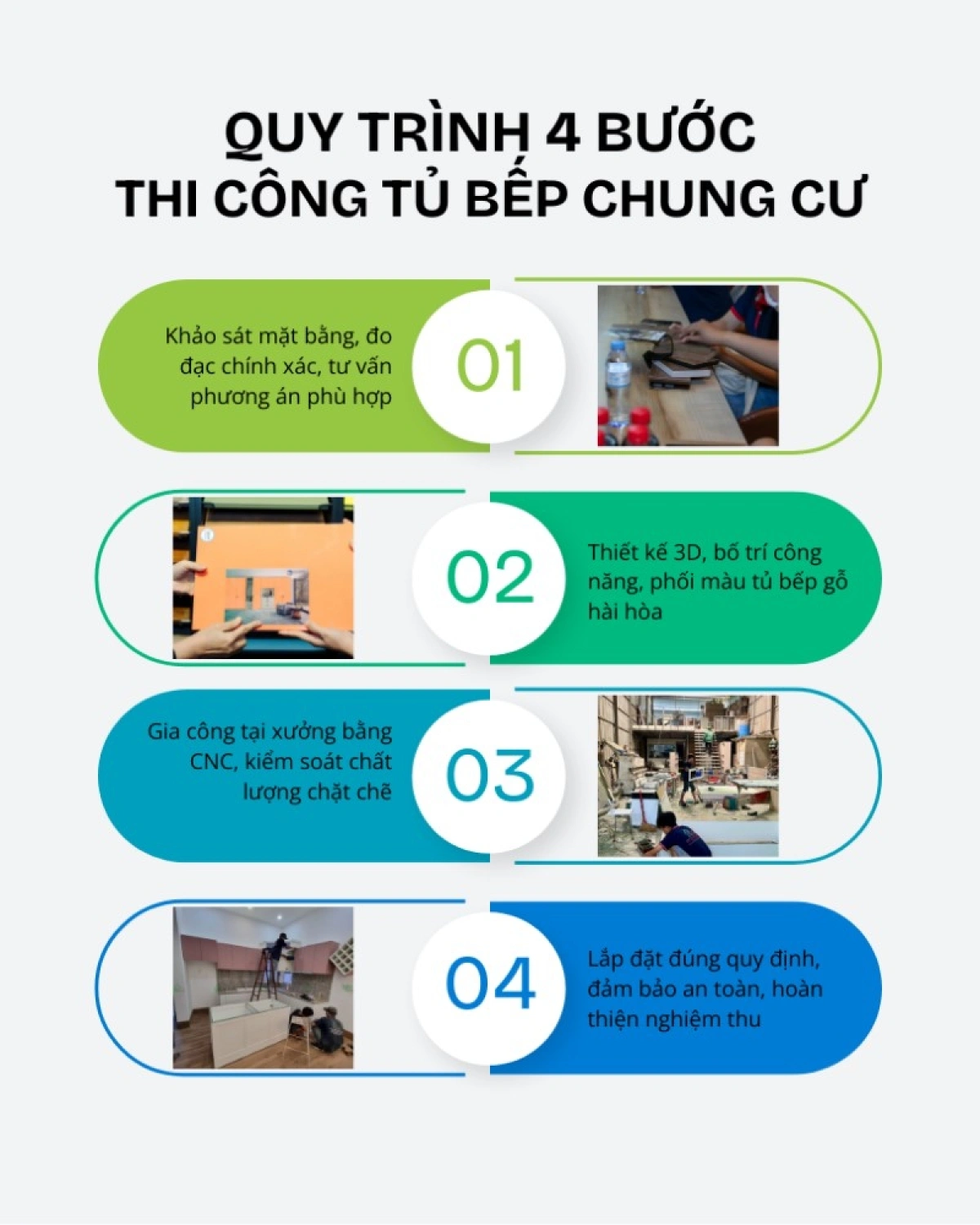 Quy trình thi công tủ bếp chung cư gỗ chuẩn xưởng