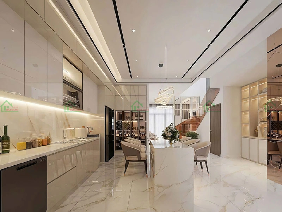 Không gian bếp đồng bộ thẩm mỹ khi thi công tủ bếp trọn gói