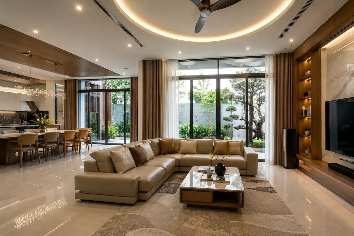 Không gian nội thất biệt thự hiện đại với thiết kế đồng bộ và sang trọng.