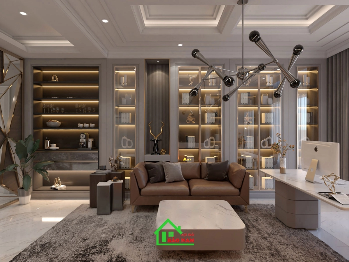 Vật liệu như nhựa acrylic, đá và gỗ công nghiệp được ưu tiên sử dụng để mang đến vẻ đẹp đương đại và tính ứng dụng cao cho không gian nội thất.