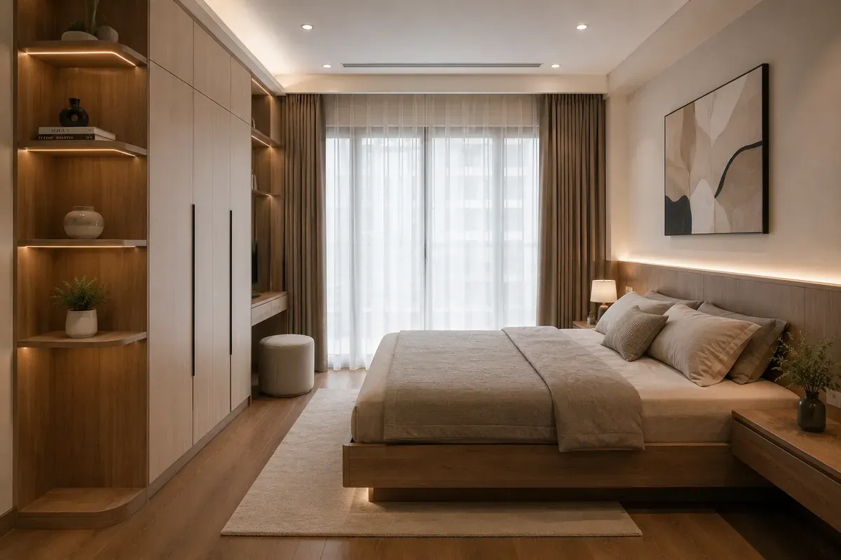 Thiết kế nội thất phòng ngủ hiện đại với tông màu trung tính và nội thất đồng bộ.