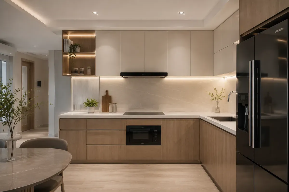Khu bếp hiện đại với hệ tủ tối ưu không gian.