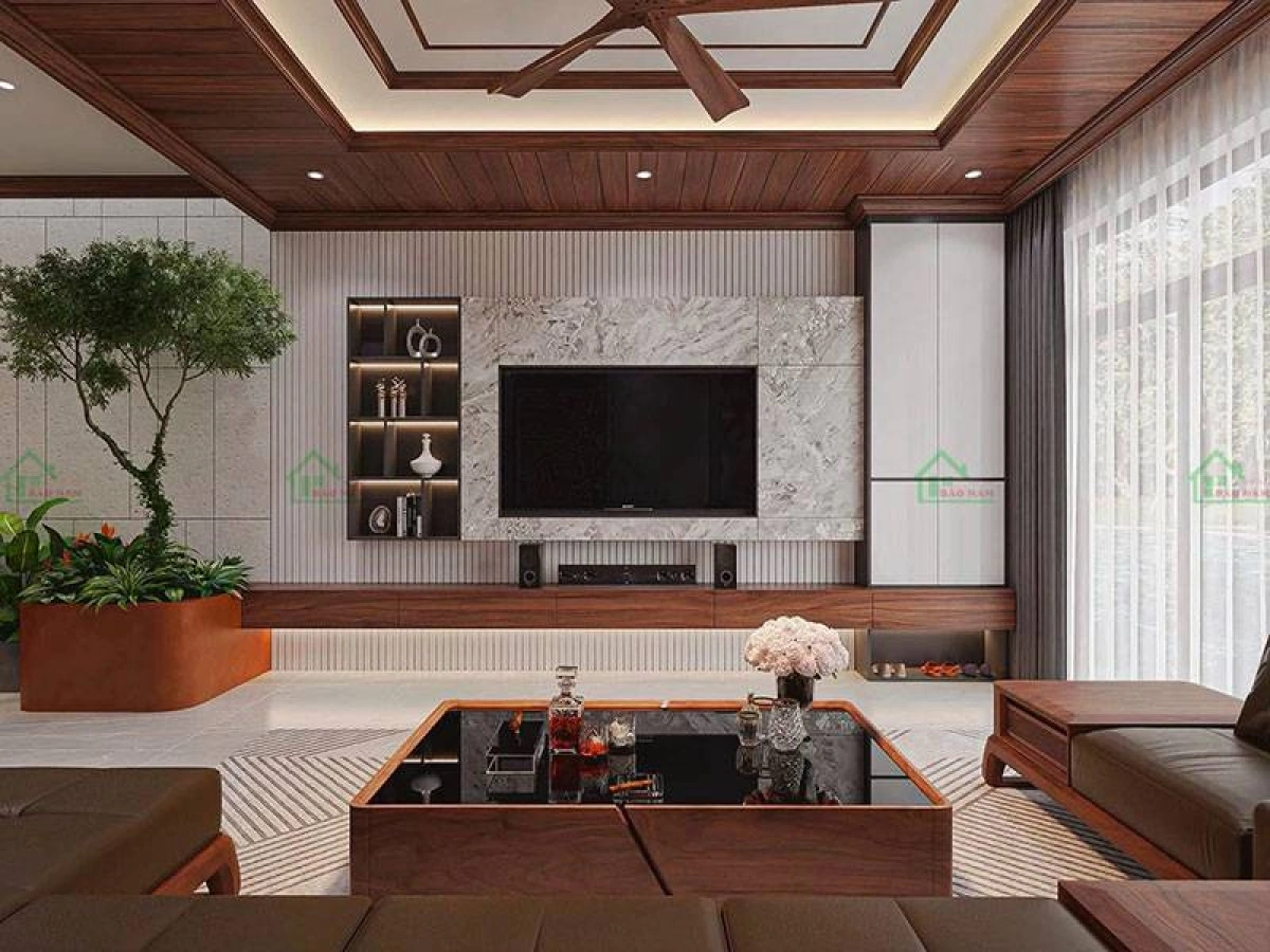 Kệ tivi phòng khách hiện đại kết hợp vách trang trí