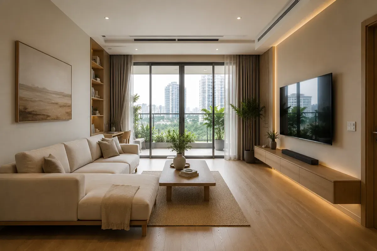 Không gian phòng khách hiện đại ưu tiên sự tối giản, tiện nghi và ánh sáng tự nhiên.