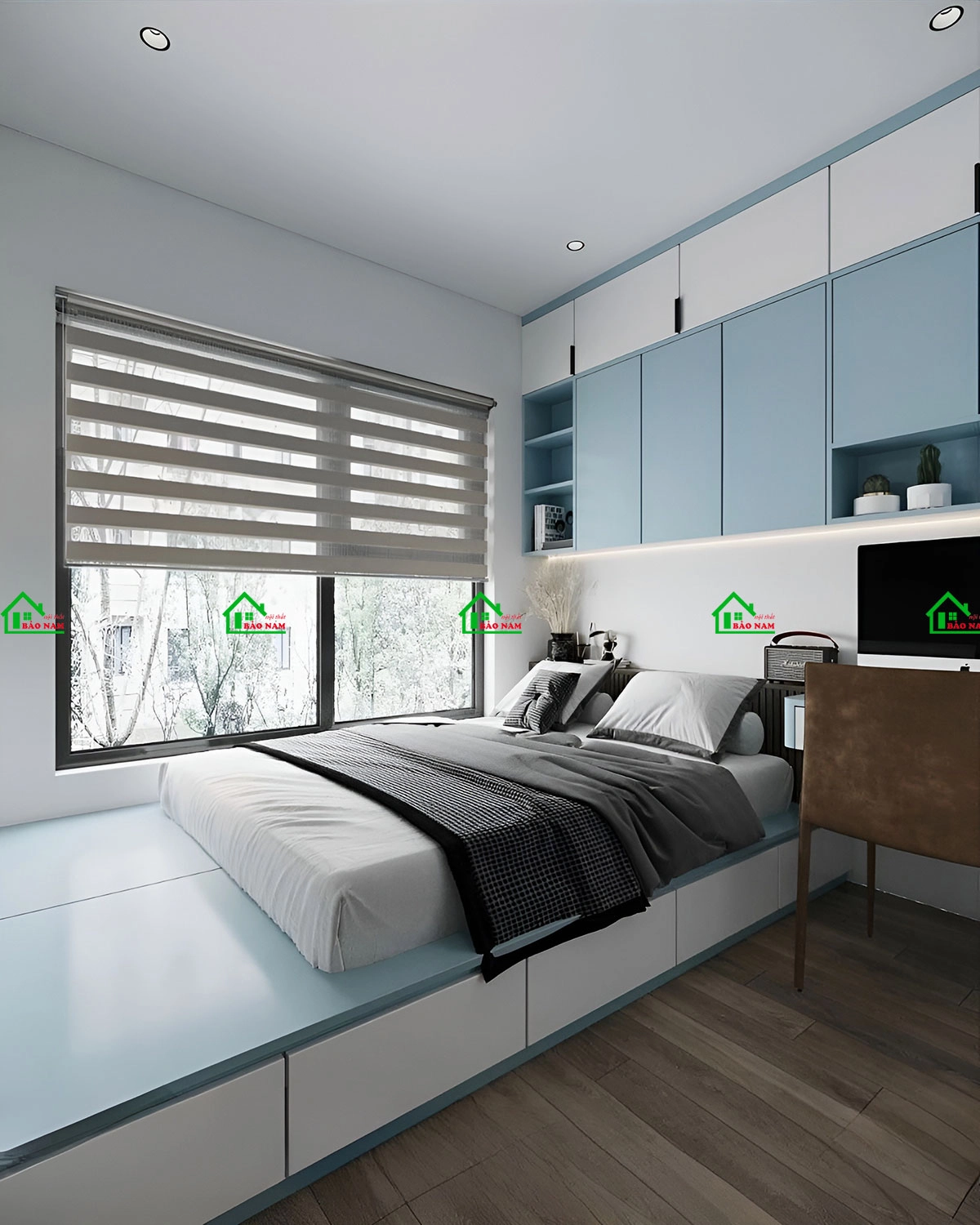 Tủ quần áo thiết kế cao đụng trần kết hợp kệ trang trí như một không gian lưu trữ rộng lớn được mở ra cho bé