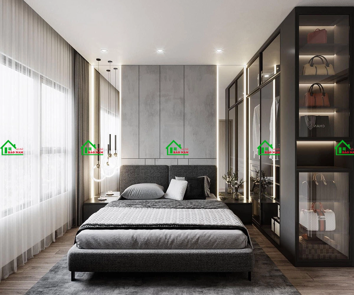 Thiết kế phòng ngủ 16m2 với màu xám hiện đại