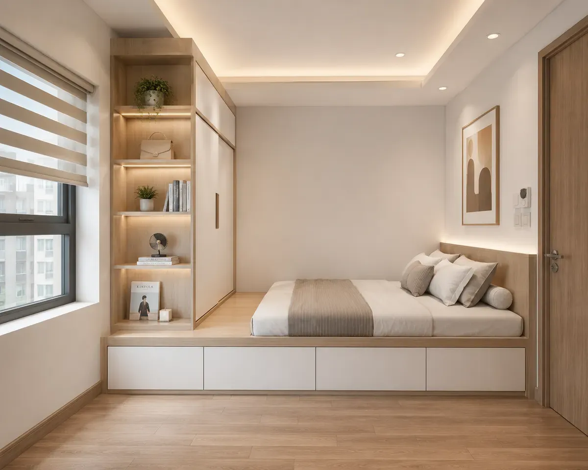 Thiết kế phòng ngủ nhỏ tận dụng tối đa diện tích sử dụng.