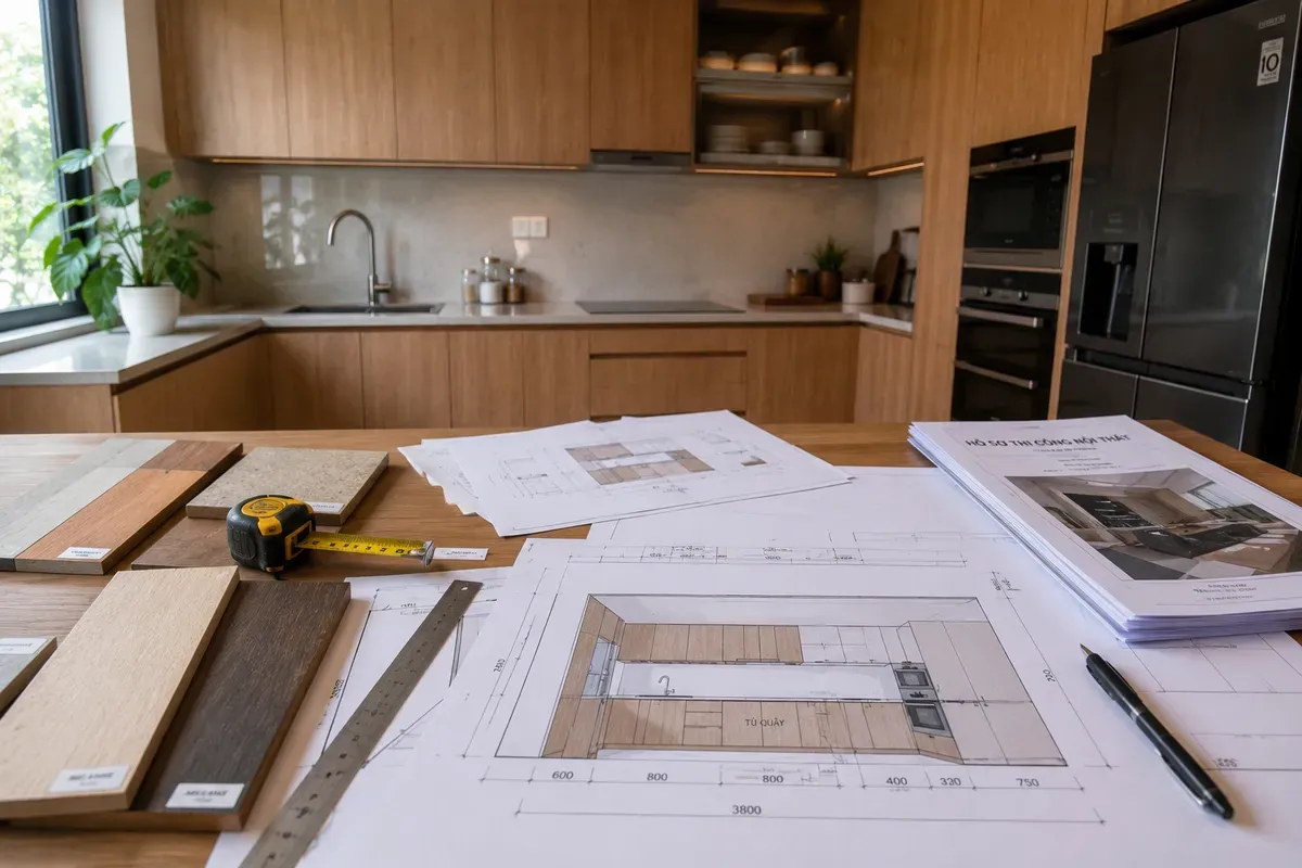 Thiết kế tủ bếp gỗ trước khi sản xuất.