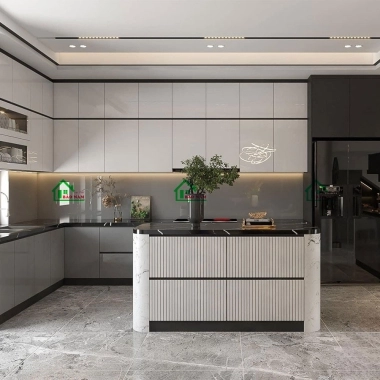 MẪU TỦ BẾP ACRYLIC AN CƯỜNG CHỮ L CÓ BÀN ĐẢO ĐẸP HIỆN ĐẠI TBA60​​​​​​​