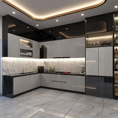 MẪU TỦ BẾP ACRYLIC AN CƯỜNG MÀU XÁM BÓNG GƯƠNG ĐẸP HIỆN ĐẠI TBA56