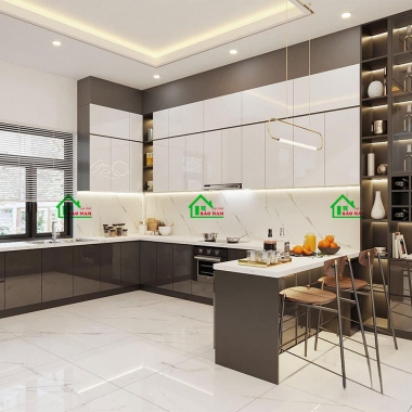MẪU TỦ BẾP ACRYLIC BÓNG GƯƠNG AN CƯỜNG MÀU ĐEN ĐẸP HIỆN ĐẠI TBA52